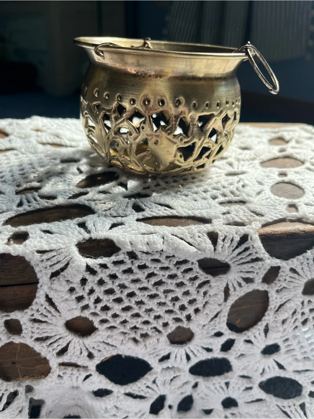 Hanging Decorative Metal Lantern / incense burner- Antique brass